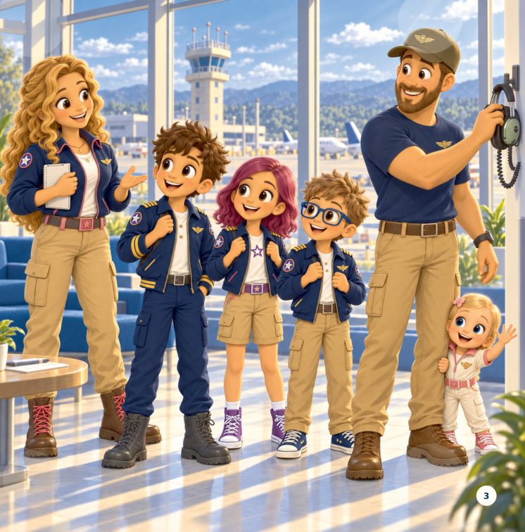 The Sky Family gathered together at the airport