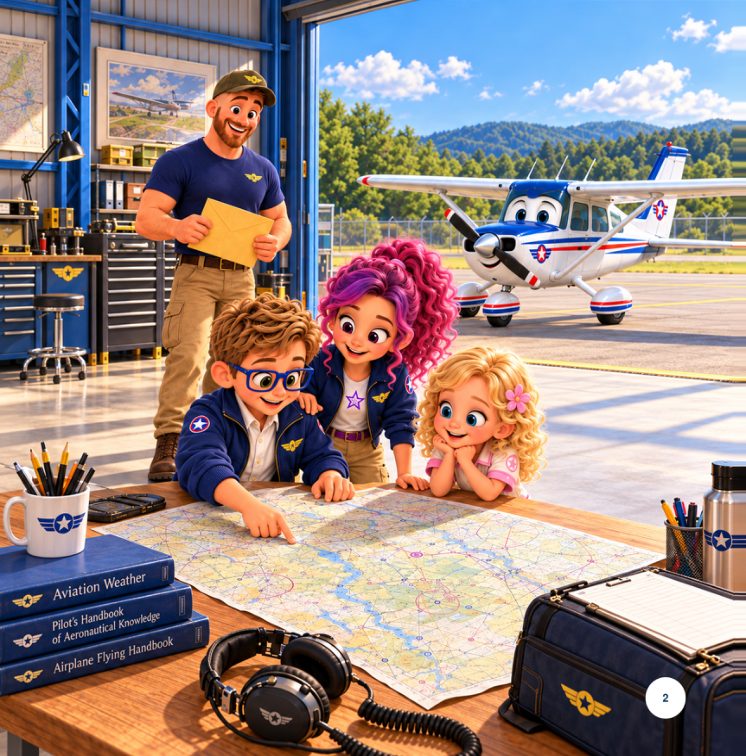 Jack, Rayna and Emmie explore a chart, from The Great Sky Treasure Hunt