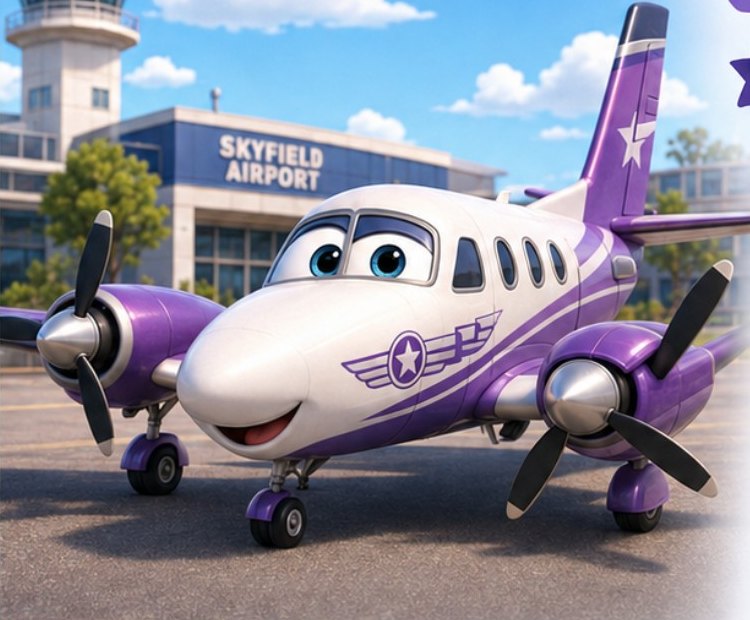 Skylark the purple and white twin-engine airplane